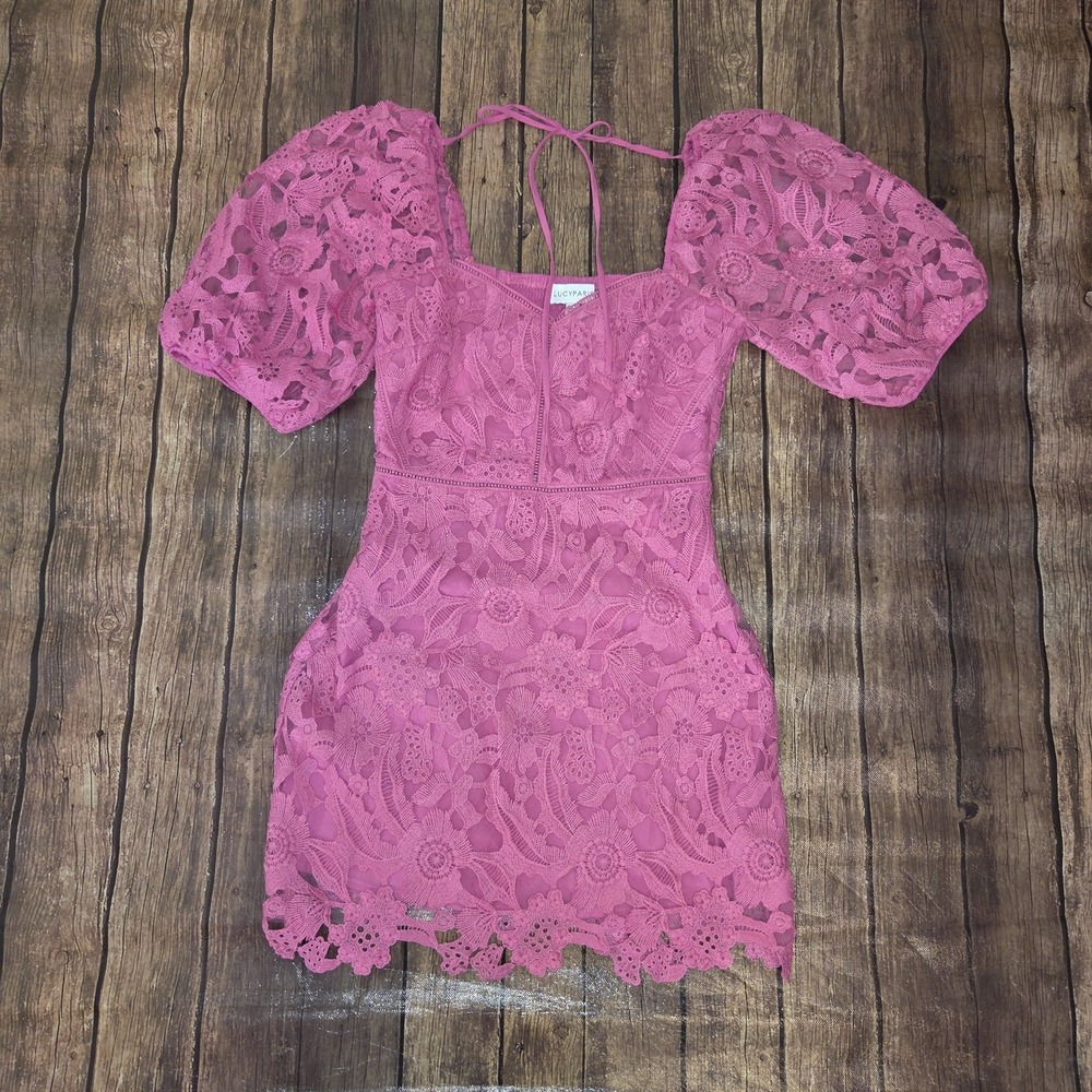 Lucy Paris Lace Mini Dress Womens S Pink Floral Puff Sleeves Barbiecore Coquette